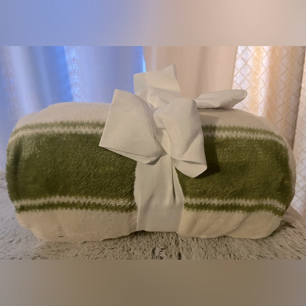 Everyday Living Micro plush Throw/Blanket in a Sage/Olive Green & Cream hue.